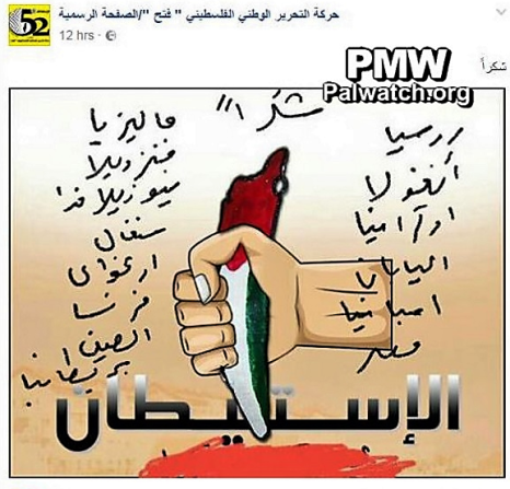 Cartoon, gepostet von Mahmoud Abbas' Fatah-Partei. Diese bedankt sich bei den 14 Nationen, die für die Resolution 2334 gestimmt haben.